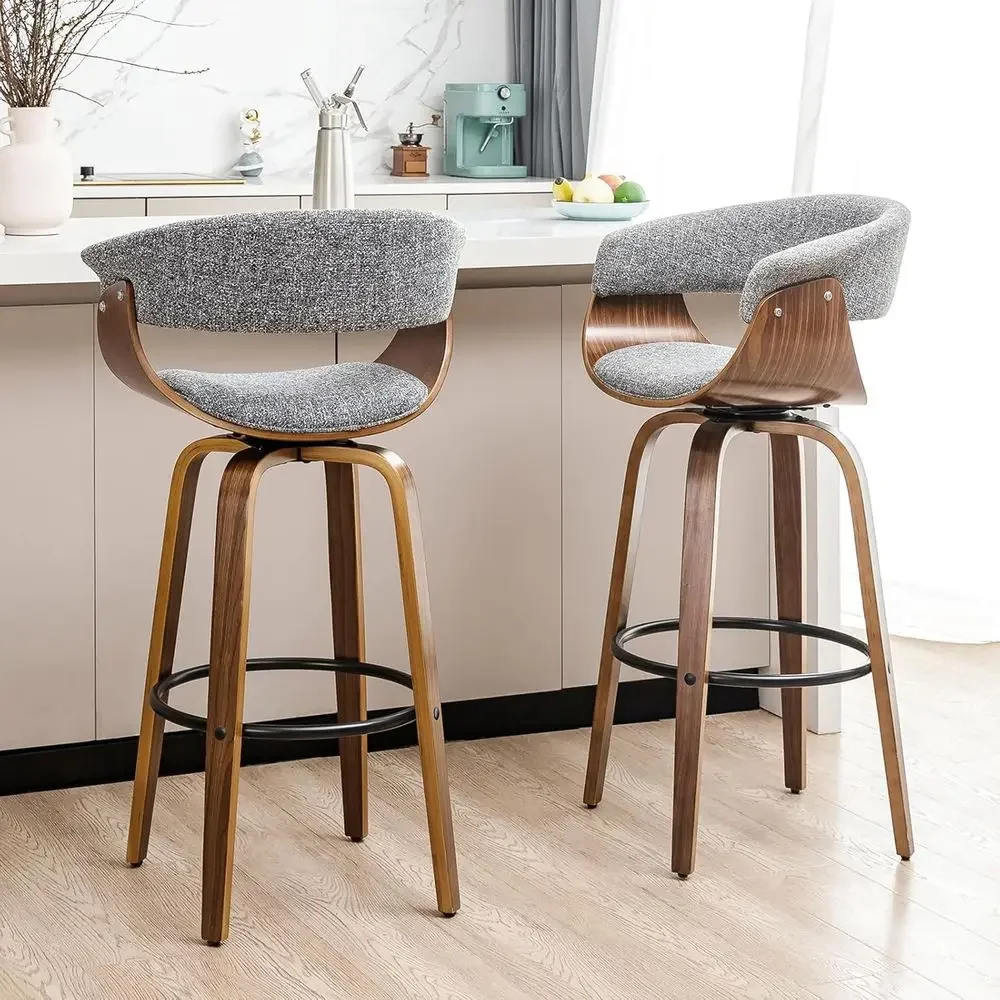 Home Bar Stools - ชุดเก้าอี้บาร์หมุนได้ 2 ตัว ผ้าสีเทา พร้อมโครงไม้วอลนัท สำหรับเฟอร์นิเจอร์บาร์ในบ้าน