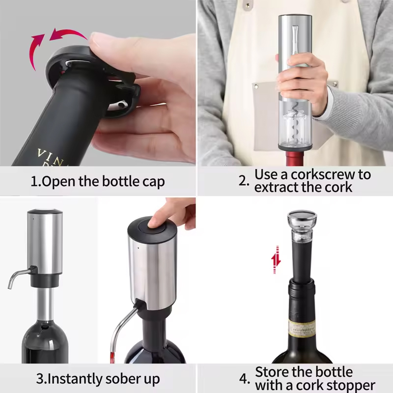 Home Bar Set - ชุดเปิดขวดไวน์ไฟฟ้าแบบชาร์จได้ 4-in-1 พร้อมที่รินไวน์ ที่ตัดฟอยล์ จุกปิดขวดไวน์ สำหรับใช้ในบ้าน