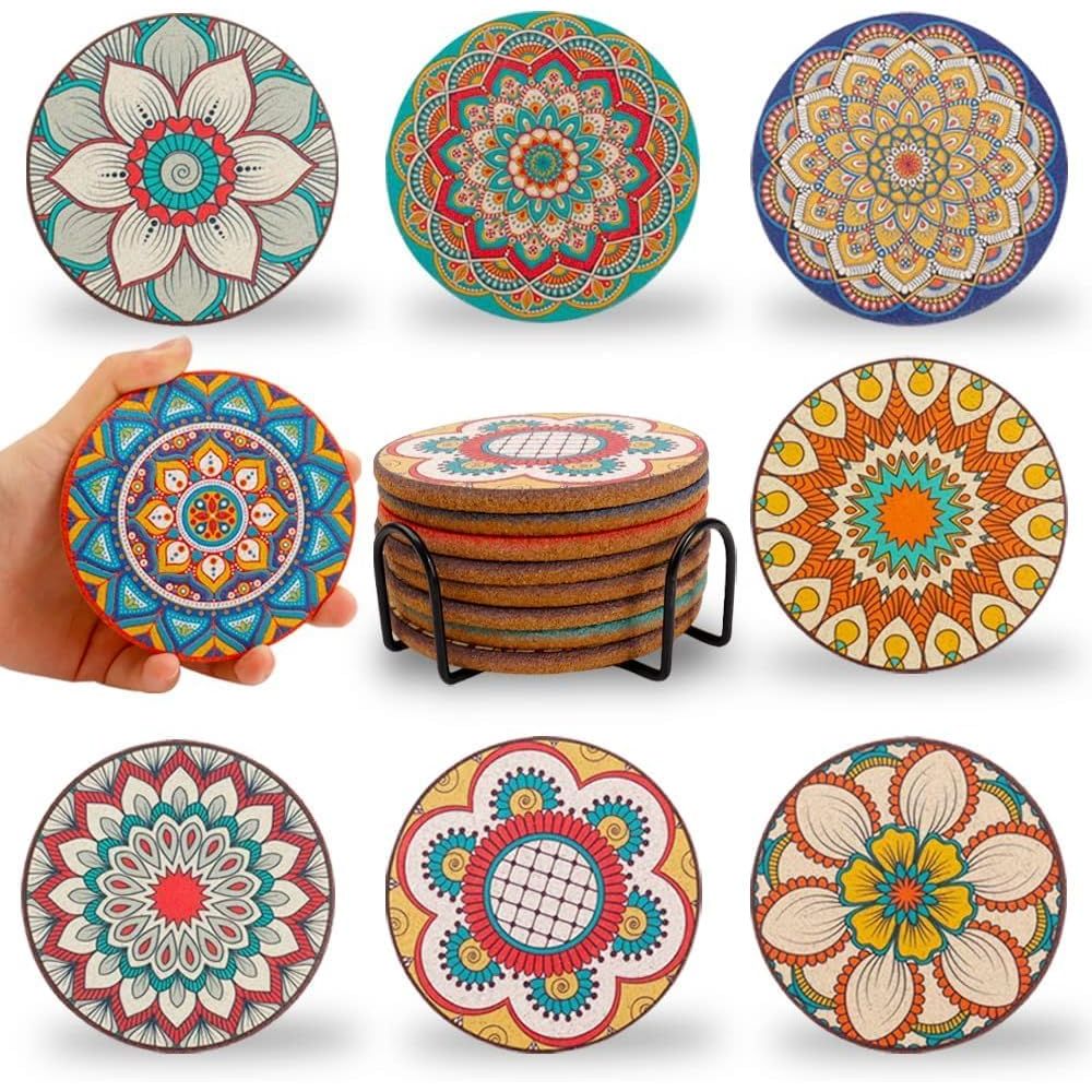 Home Bar Set - ชุดจานรองแก้วเซรามิกทรงกลมหลากสี 8 ชิ้น สำหรับเครื่องดื่มและต้นไม้ จานรองแก้วเซรามิกน่ารักพร้อมที่วาง สำหรับบ้าน