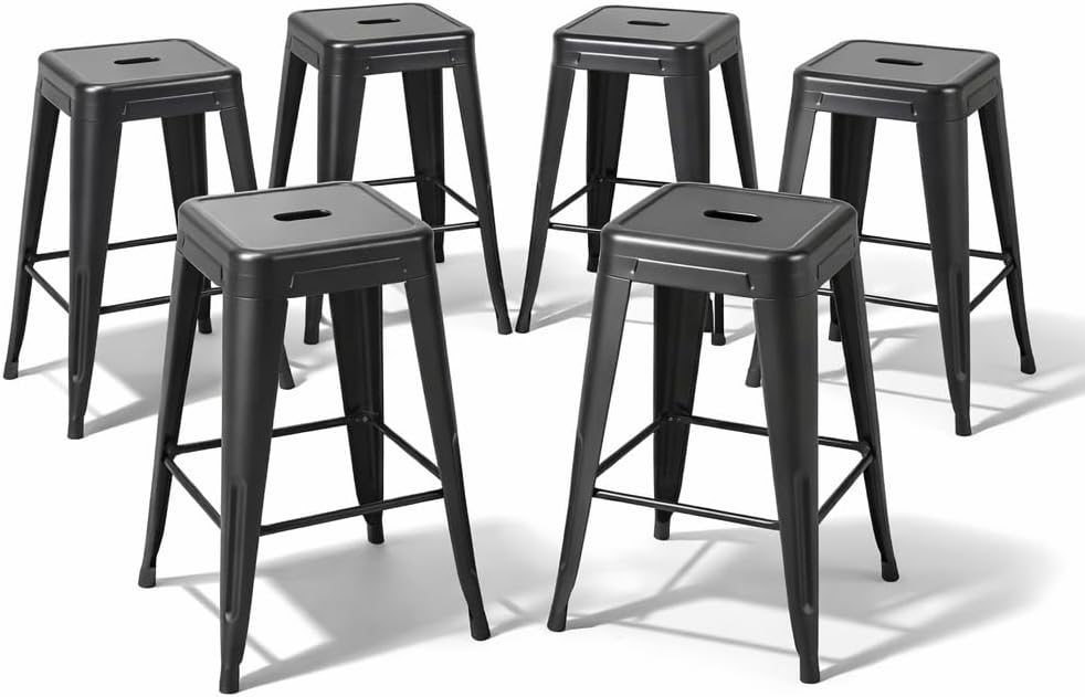 Home Bar Seating - ชุดเก้าอี้บาร์สูงระดับเคาน์เตอร์สีดำเมทัลลิก 6 ตัว ขนาด 24 นิ้ว