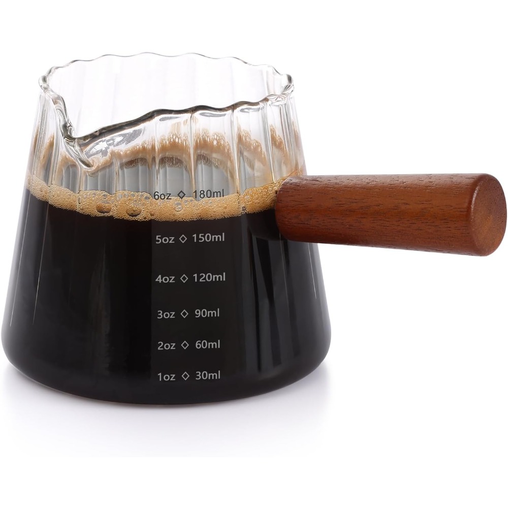 Home Barista - แก้วช็อตเอสเพรสโซทรงวี 6 ออนซ์ พร้อมด้ามจับไม้ แก้วตวงนมกาแฟแบบมีริ้ว สำหรับบาริสต้า