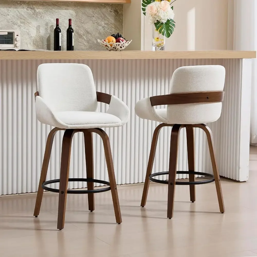 Home Bar Stools - เก้าอี้บาร์หมุนได้ผ้าสีเบจพร้อมพนักพิง สไตล์วอลนัทเบนท์วูด ชุดเก้าอี้ 2 ตัว สำหรับบาร์ในบ้านและพื้นที่รับประทานอาหาร