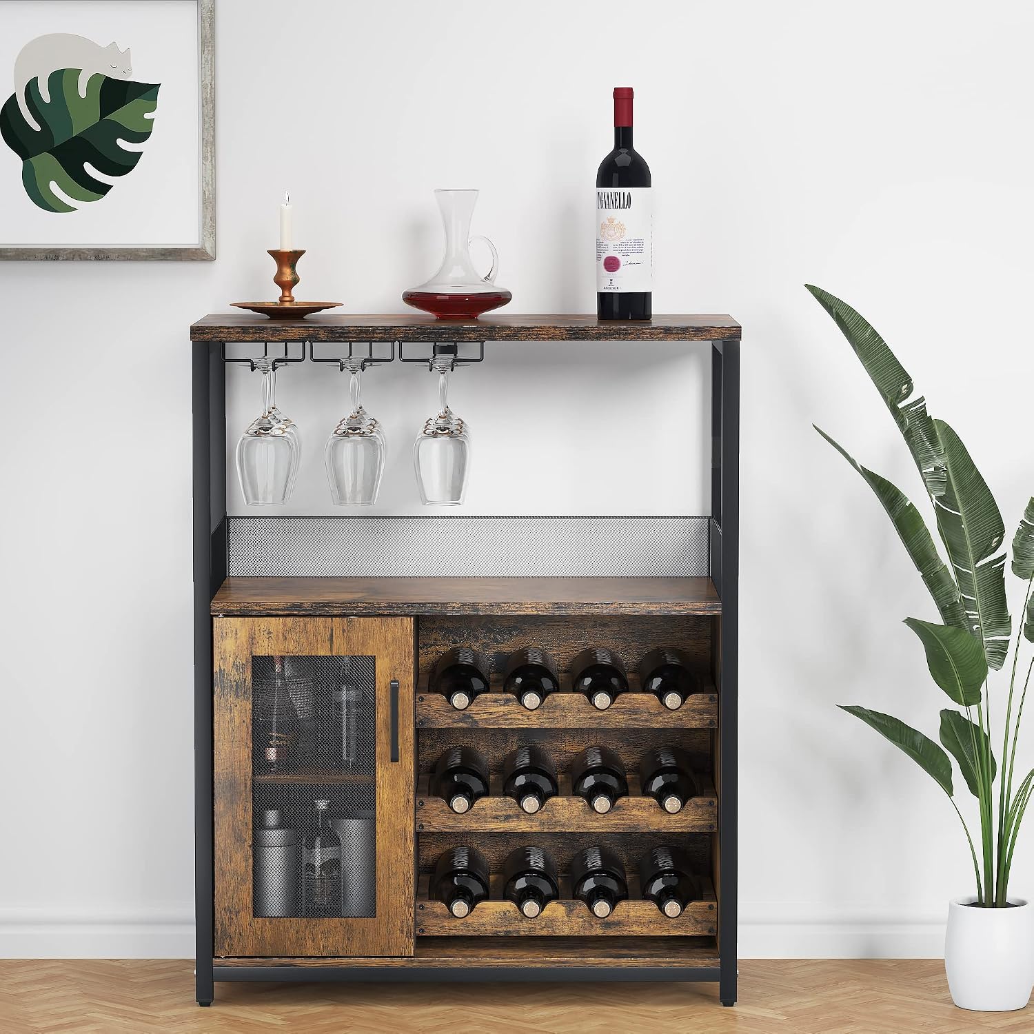 Home Bar Shelves - ตู้บาร์สีน้ำตาลขนาด 36 นิ้วแบบโมเดิร์น พร้อมประตูตาข่ายและชั้นวางกระจก ชั้นวางปรับระดับได้ ตู้เก็บของแบบตั้งพื้นสำหรับห้องครัวและห้องรับประทานอาหาร