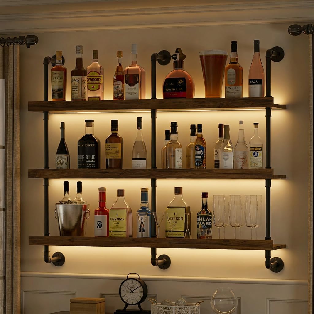 Home Bar Shelves - ชั้นวางไวน์ติดผนังพร้อมไฟ LED แบบสามชั้น ชั้นวางลอยสำหรับจัดแสดงและเก็บขวดเหล้า ที่วางไวน์สไตล์โมเดิร์นสำหรับห้องครัว บาร์ในบ้าน