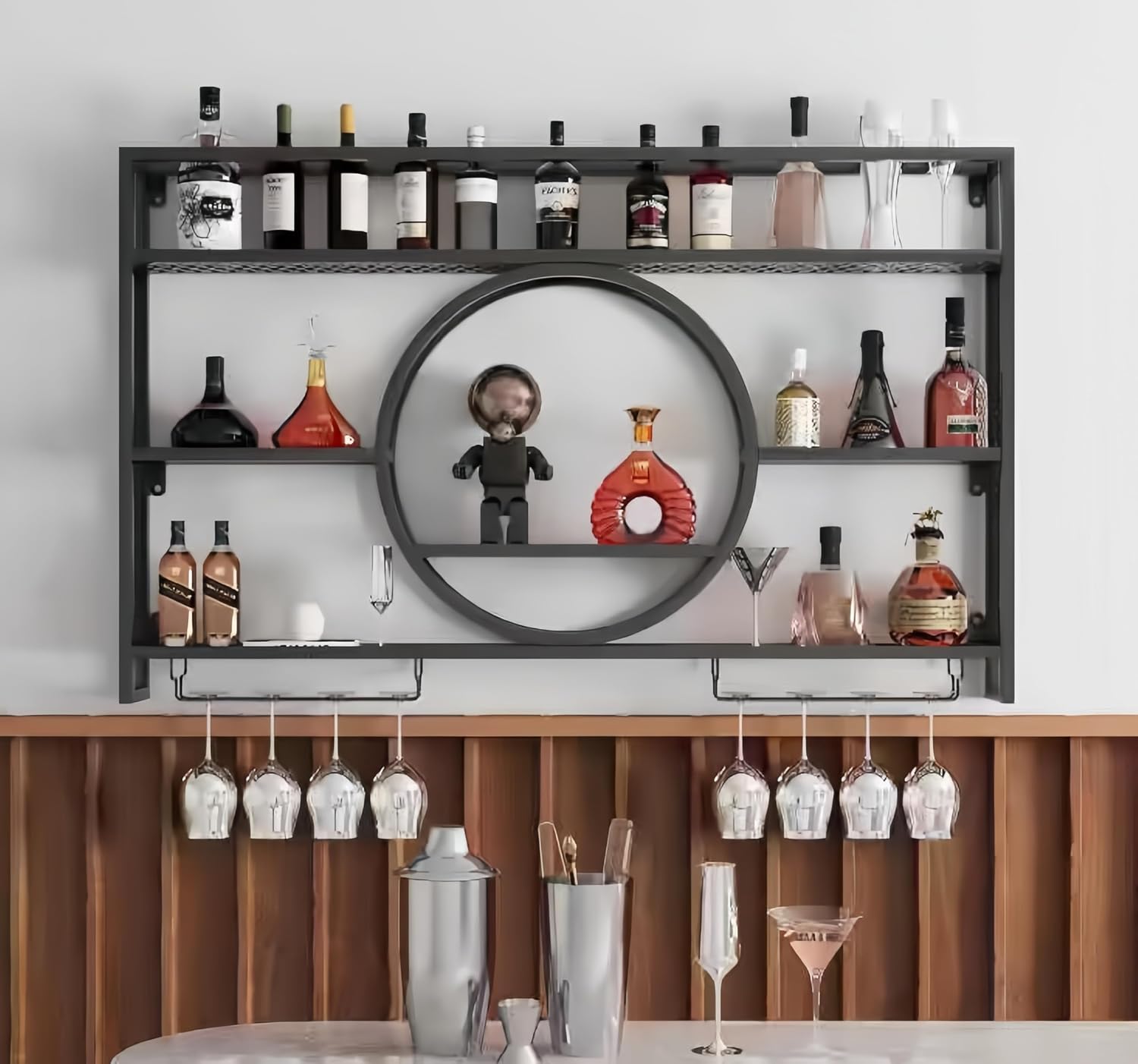 Home Bar Shelves - ชั้นวางไวน์ติดผนังโลหะสีดำพร้อมที่วางแก้ว, ชั้นวางขวดเหล้าความจุขนาดใหญ่สำหรับบ้าน บาร์ ห้องรับประทานอาหาร ห้องครัว