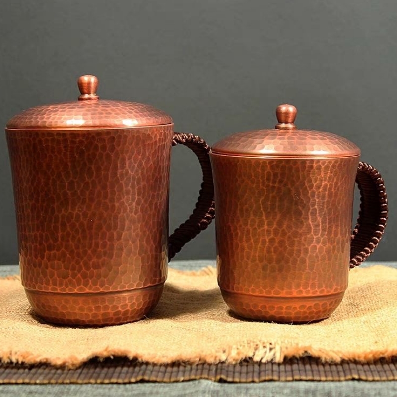 Mule Copper Mug - แก้วกาแฟทองแดงแท้สไตล์วินเทจ พร้อมฝาปิด แก้วมอสโกมิวล์ทรงกระบอก หนา ลายตอก ด้ามจับแบบทอ