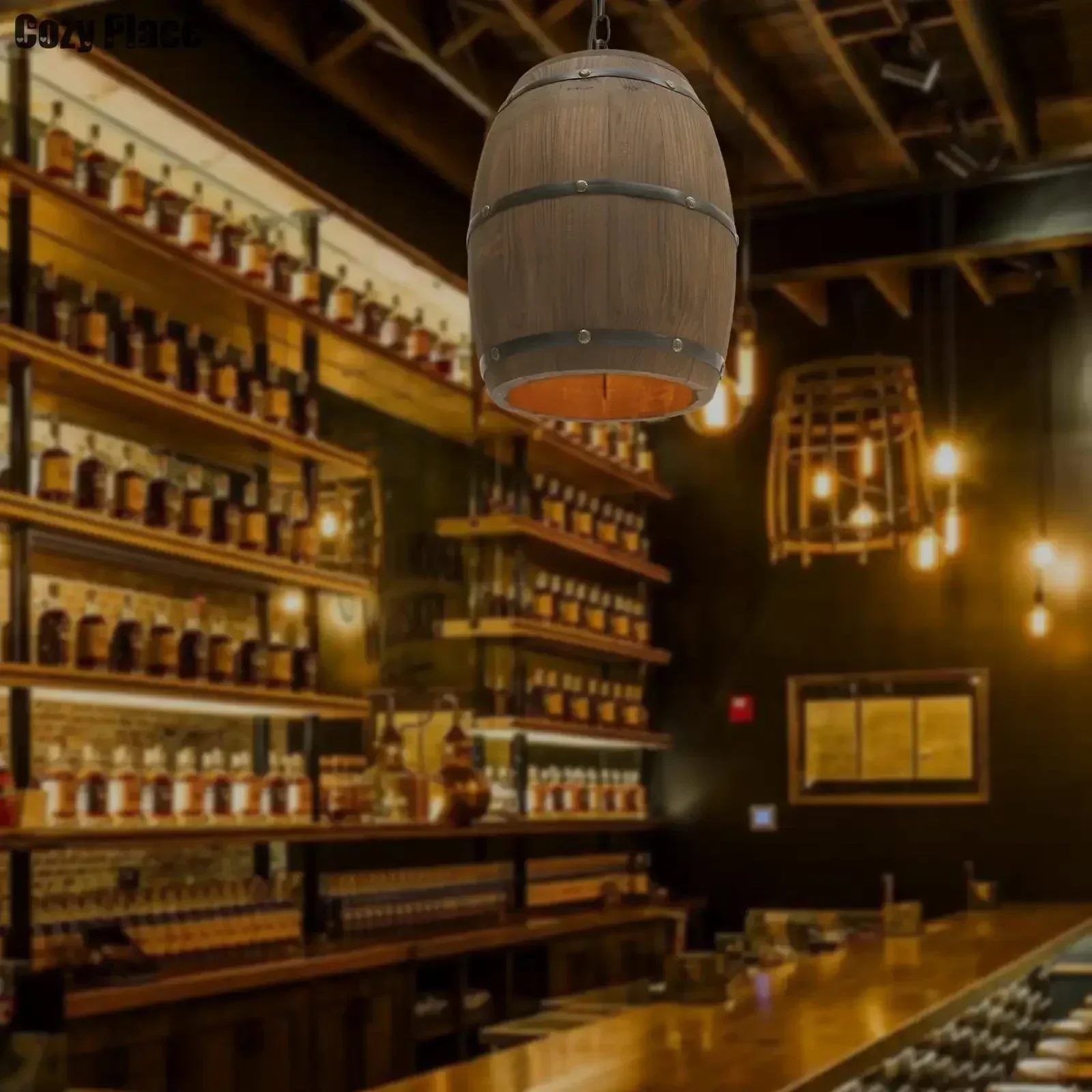 Home Bar Cafe - โคมไฟสไตล์ Rustic วินเทจ โคมไฟระย้าไม้ โคมไฟแขวนรูปถังไวน์ ของตกแต่งบ้าน