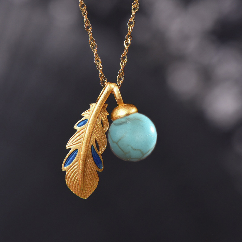Bar Cart Gold - ทองโบราณงานฝีมือฝังสร้อยข้อมือ Feather จี้สร้อยคอโรแมนติก Lady Clavicle Chain