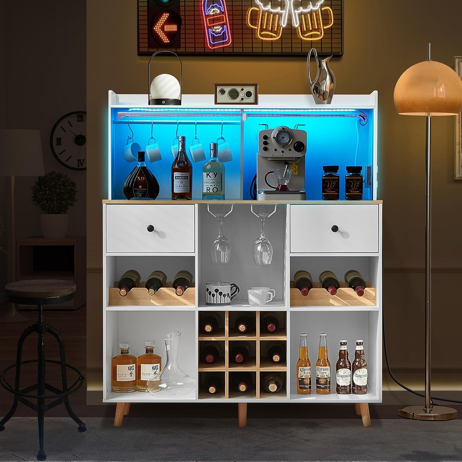 Home Bar Shelves - ตู้บาร์ไวน์พร้อมปลั๊กไฟและไฟ LED, ตู้เก็บของบาร์พร้อมลิ้นชักและชั้นวางแบบถอดได้, ปรับแต่งได้