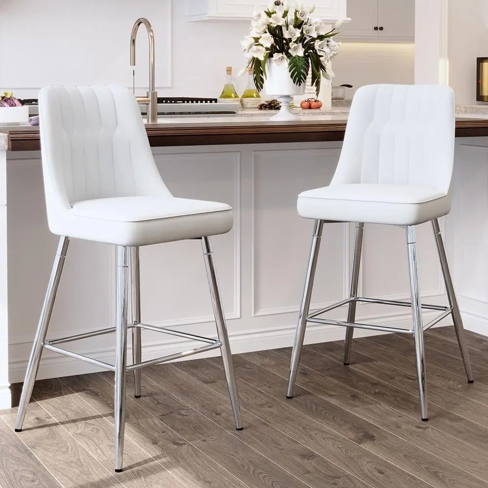 Home Bar Stools - ชุดเก้าอี้บาร์สีขาวหุ้มเบาะ 2 ตัว ความสูง 27 นิ้ว
