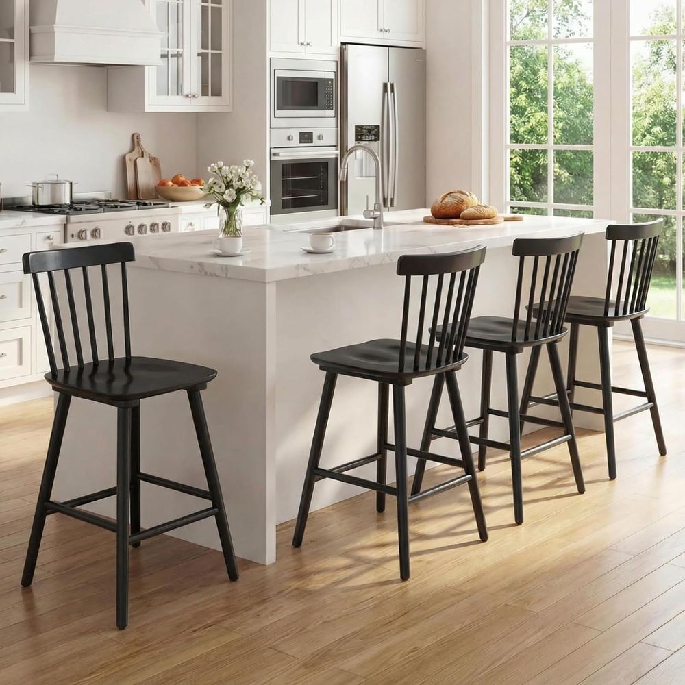 Home Bar Stools - ชุดเก้าอี้บาร์ไม้สูงระดับเคาน์เตอร์ 4 ตัว พร้อมพนักพิงแบบ Spindle, ที่นั่งกว้างขึ้นสำหรับเคาน์เตอร์ครัว,