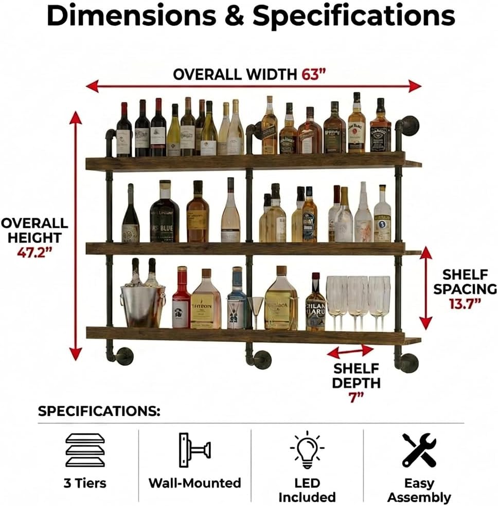 ชั้นวางไวน์ติดผนังพร้อมไฟ LED  - Home Bar Shelves บทวิจารณ์และราคา