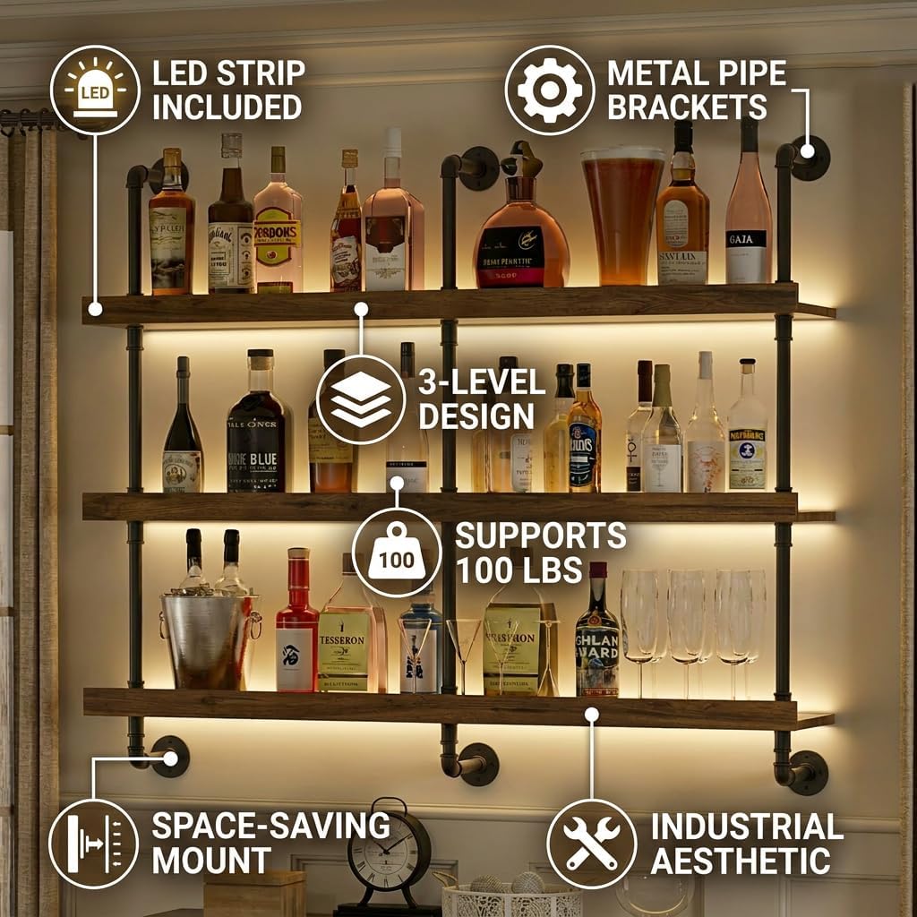 ชั้นวางไวน์ติดผนังพร้อมไฟ LED  - Home Bar Shelves บทวิจารณ์และราคา
